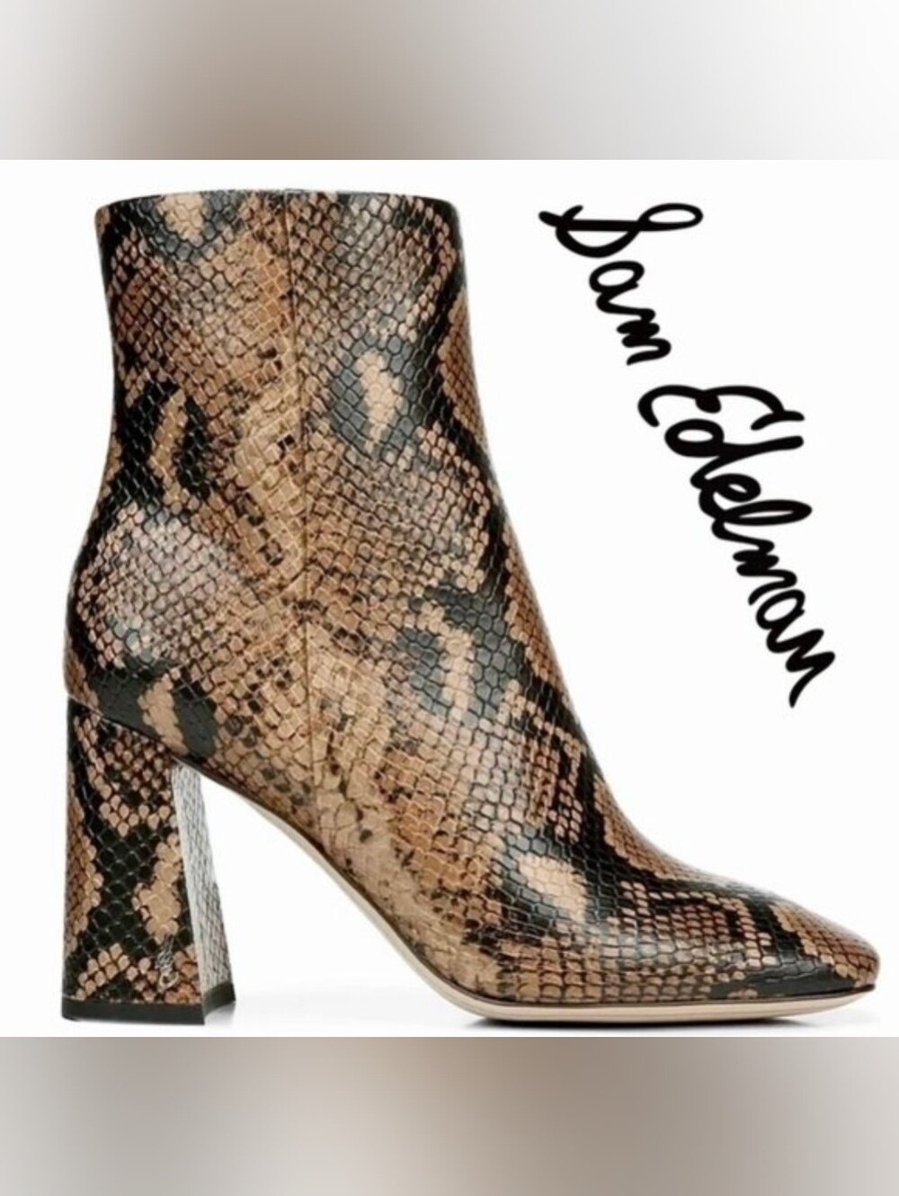 Sam Edelman Codie Brown Snake-Print Block Heel Ankle Booties